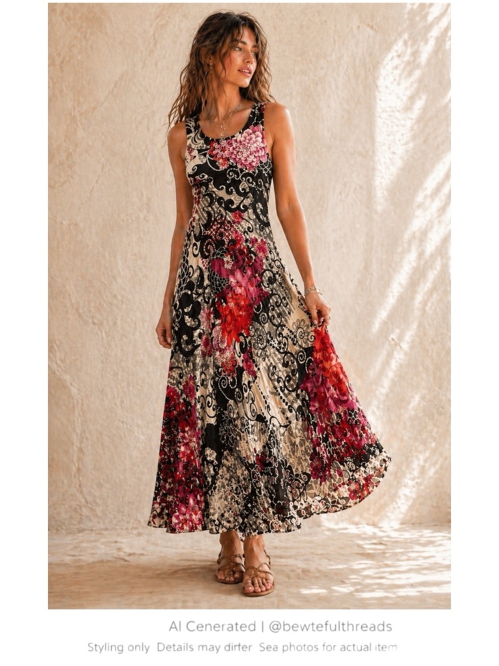 Boho Luxe Floral Burnout Maxi Dress Black Silk Blend Art Wear A-Line